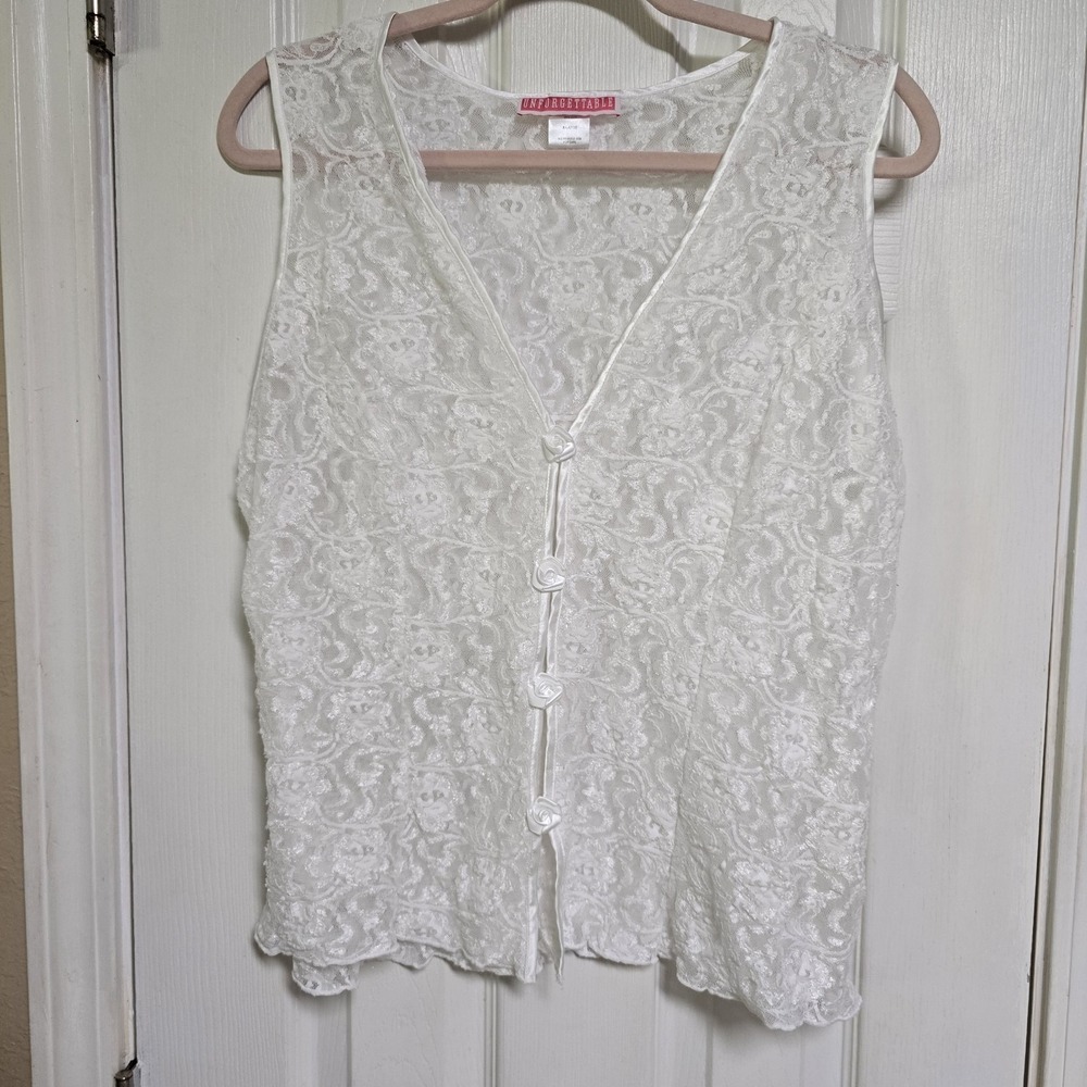 Vintage 90s Unforgettable White Lace Sleeveless Top XL Sheer Floral Vest